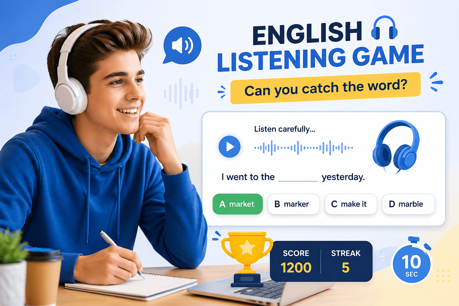 English listening game for learners wearing headphones practicing catching words